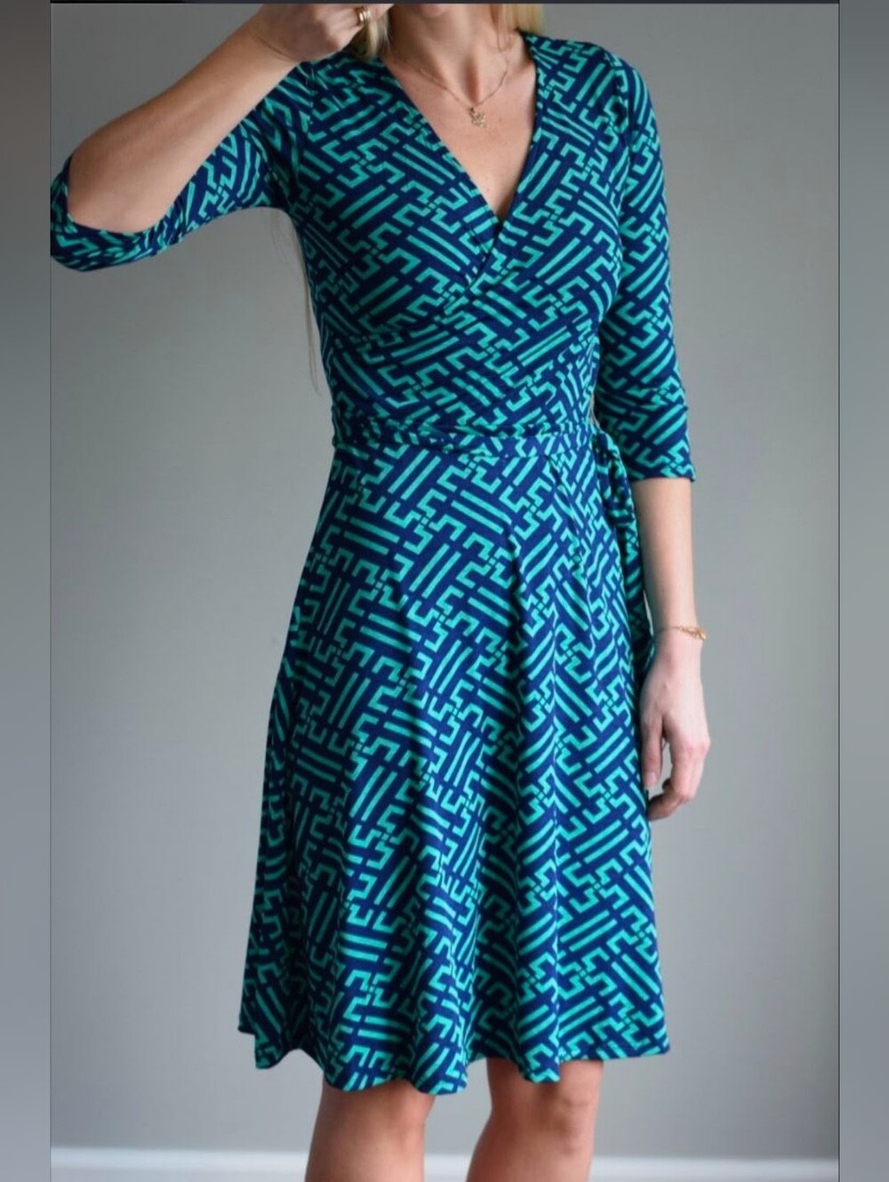41 Hawthorne Blue/Green Renesme Graphic Print Faux Wrap Dress (NWT)